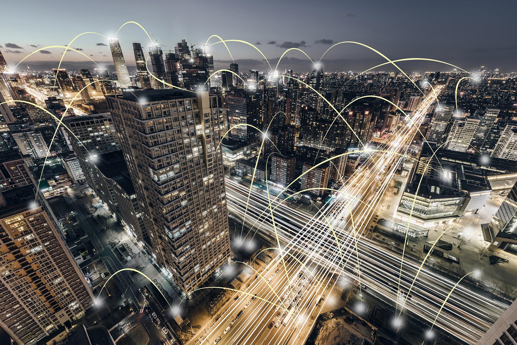 Cityscape at night with light exposure treatment showing connections