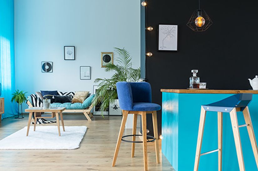 apartment with blue furniture