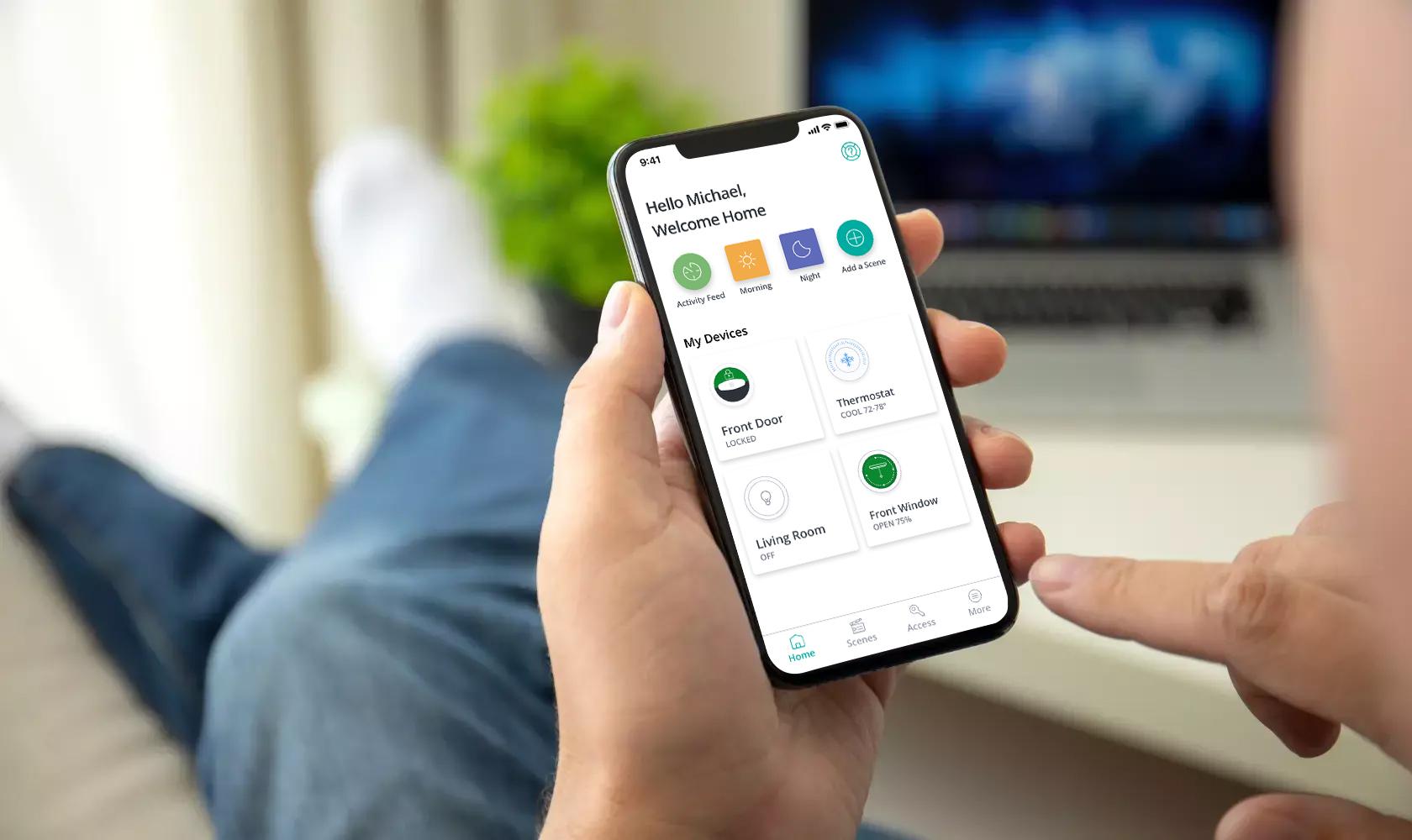 Smartphone owner uses his SmartRent app.