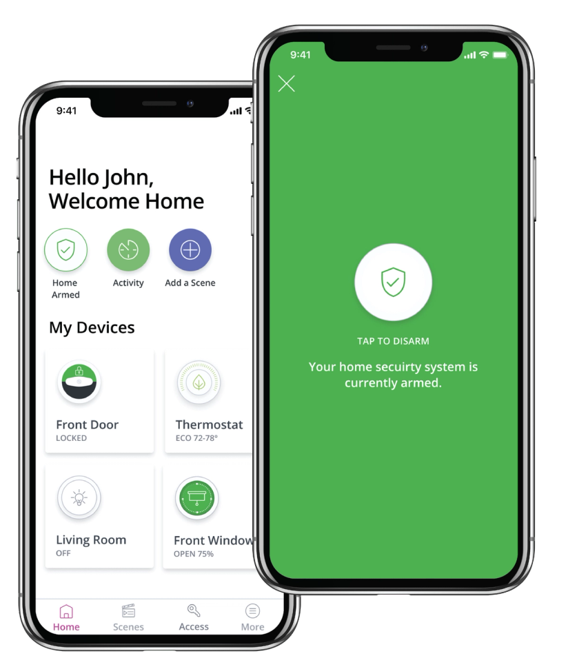two phones showing SmartRent's self-monitored security screens