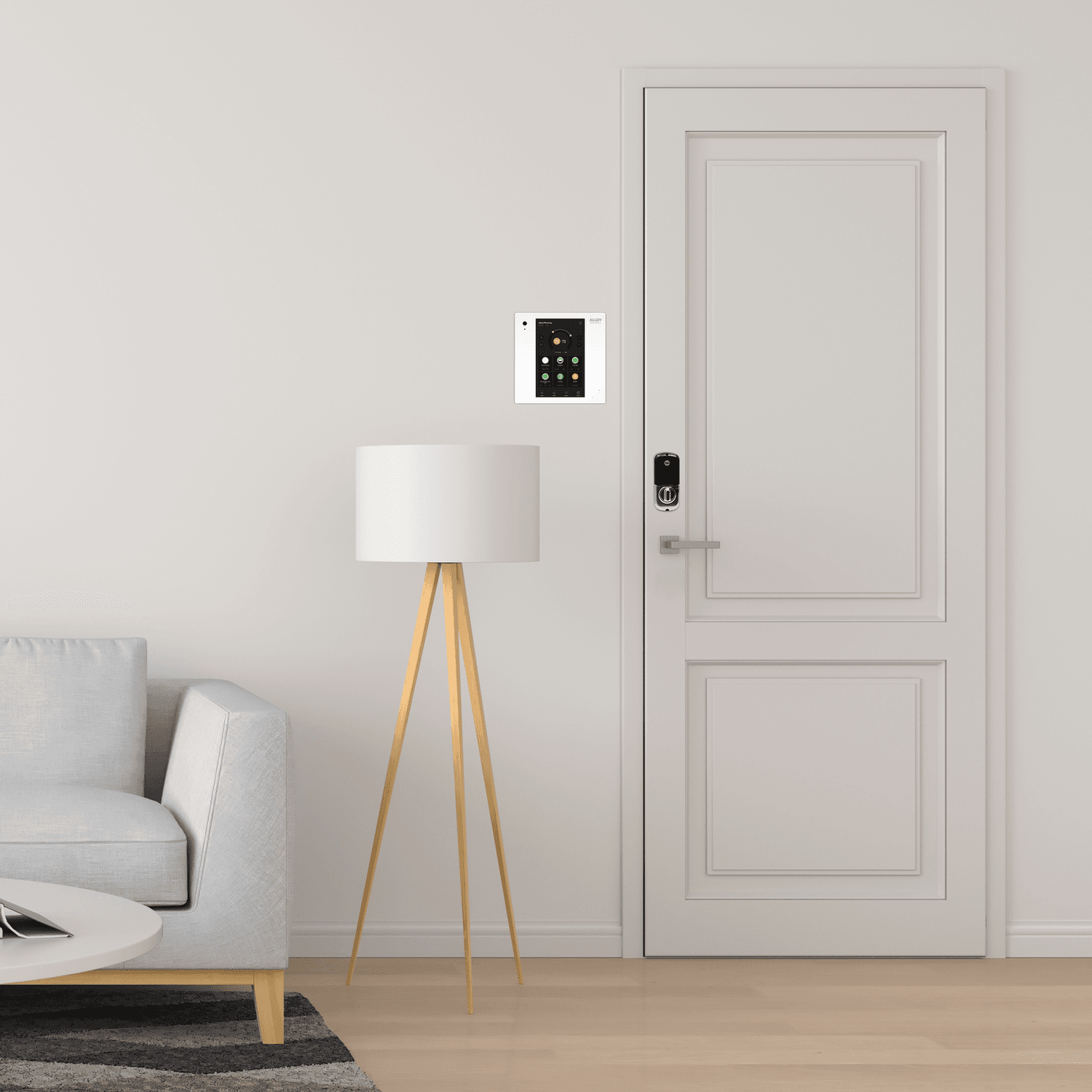 image of front door with smart home hub and lamp in view from inside