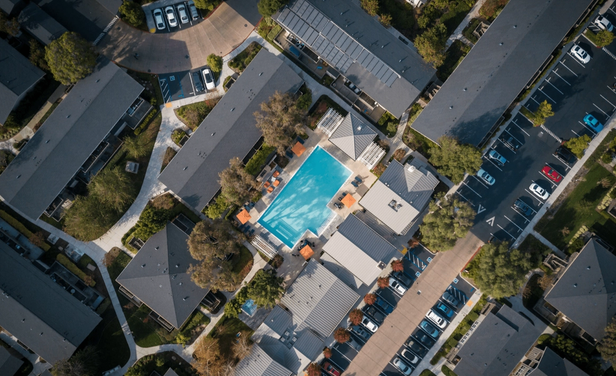 Aerial view of parking at an apartment community.