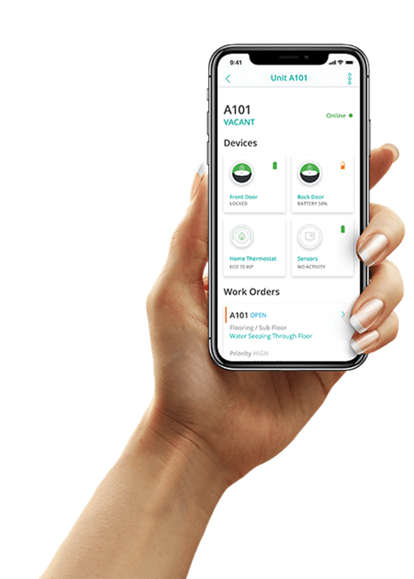 person holding iPhone with SmartRent Community Manager app's work order UI